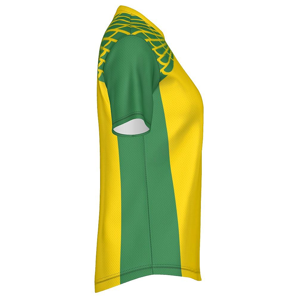Yellow and green shirt with feather design on upper chest and shoulders