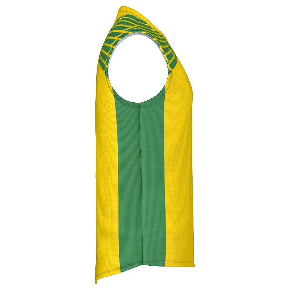Yellow and green sleeveless shirt with feather design on upper chest and back