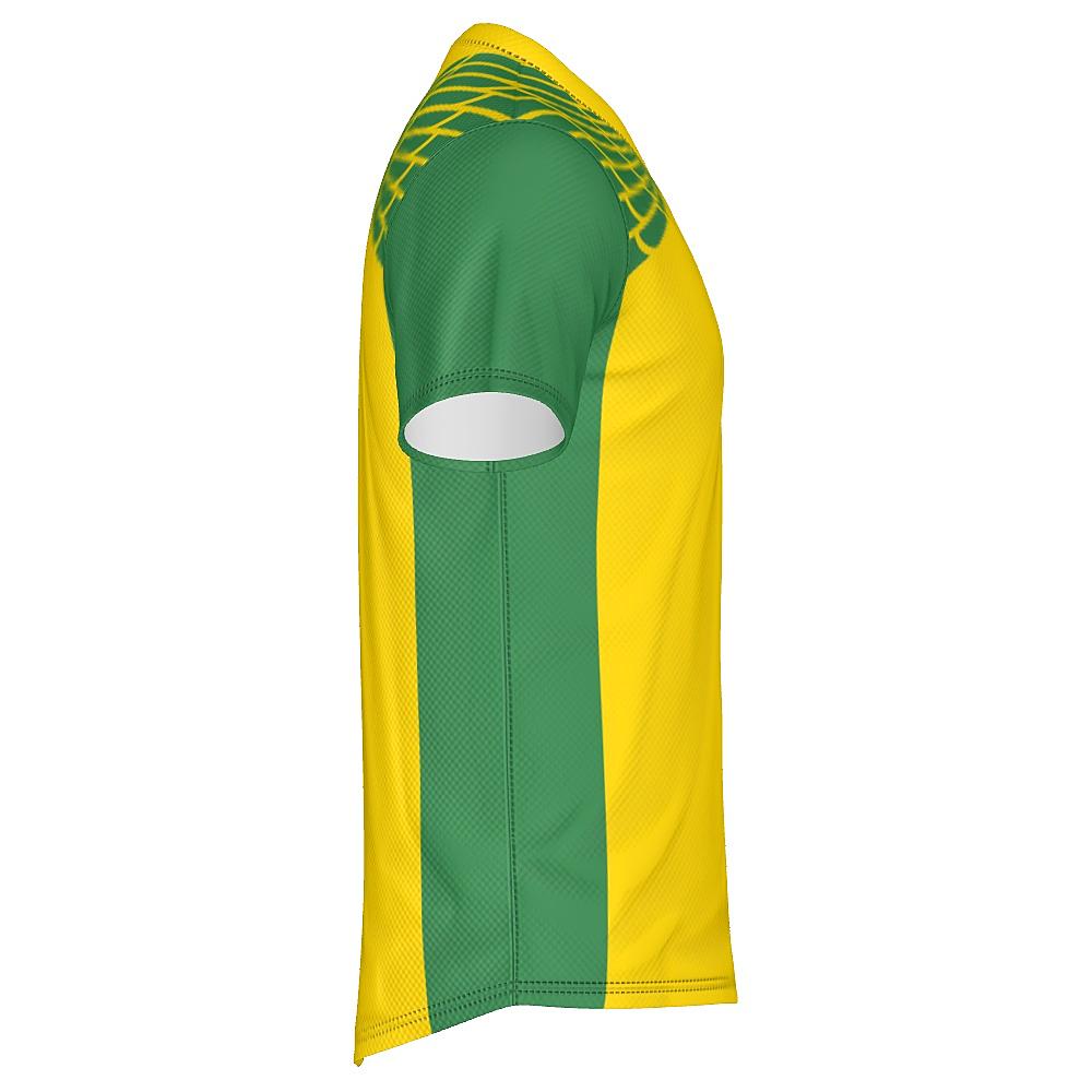 Yellow and green shirt with feather design on upper chest and shoulders