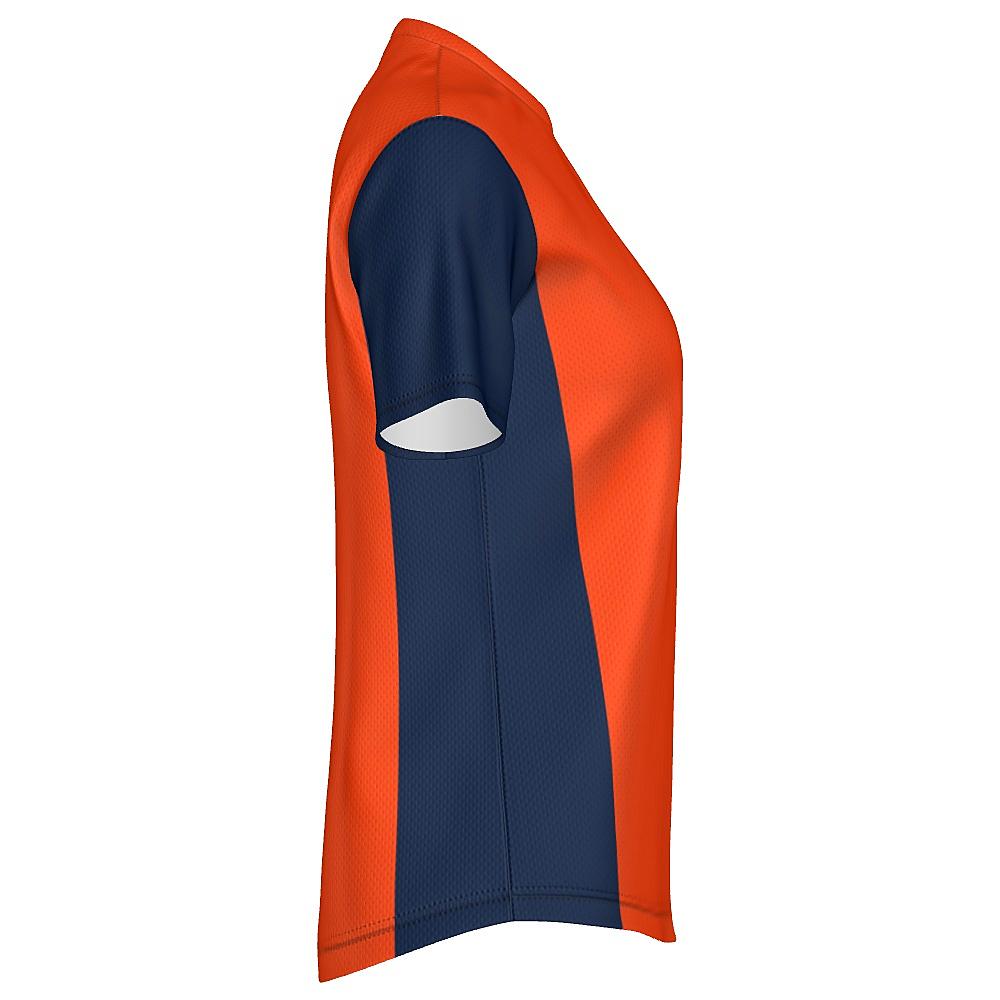 Orange shirt with navy sleeves and side panels on a white background