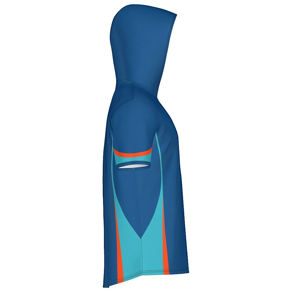 Blue short-sleeve hoodie with teal and orange accents on a white background