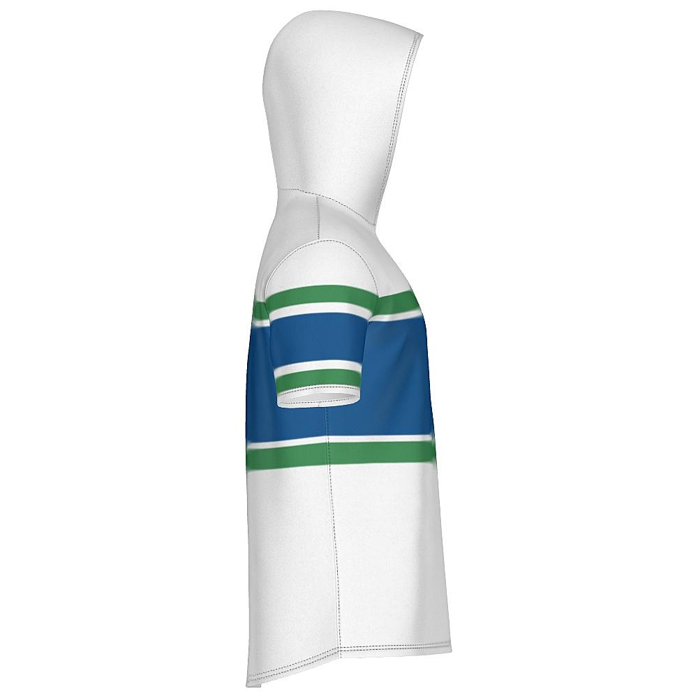 White, blue and green short-sleeve hoodie on a white background
