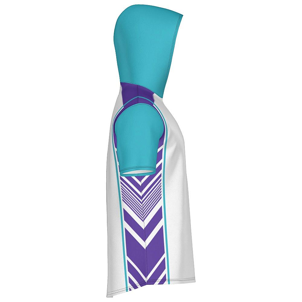 White short-sleeve hoodie with teal and purple accents on a white background