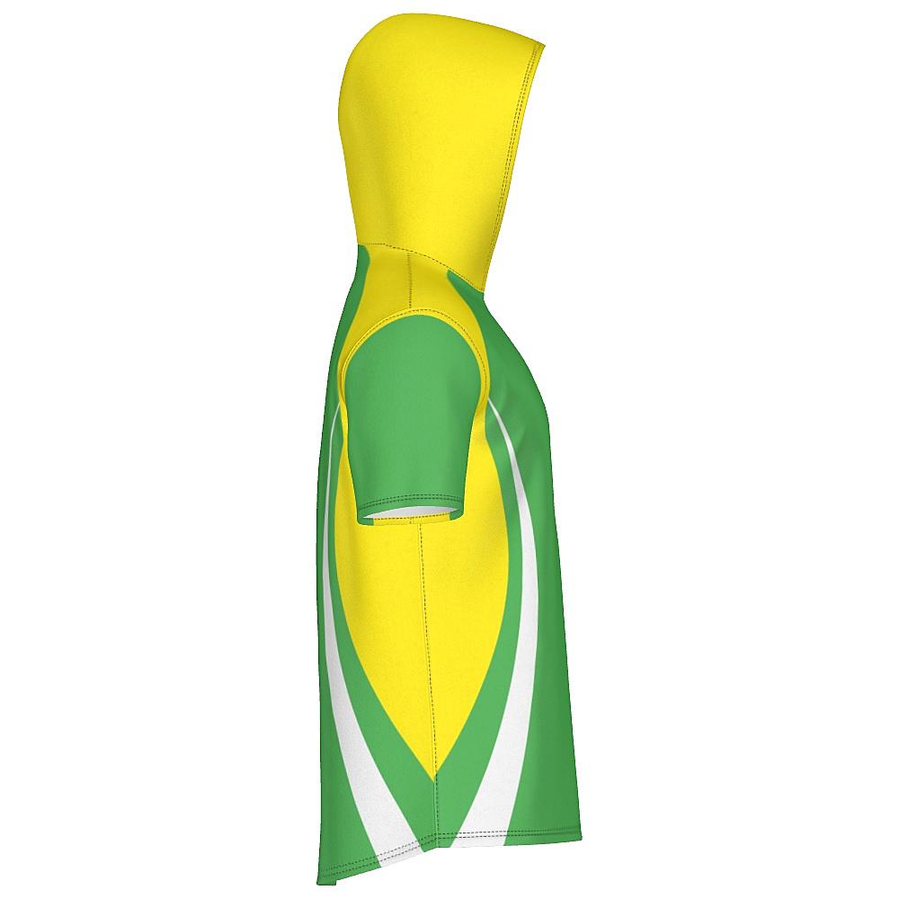 Green short-sleeve hoodie with yellow and white accents on a white background