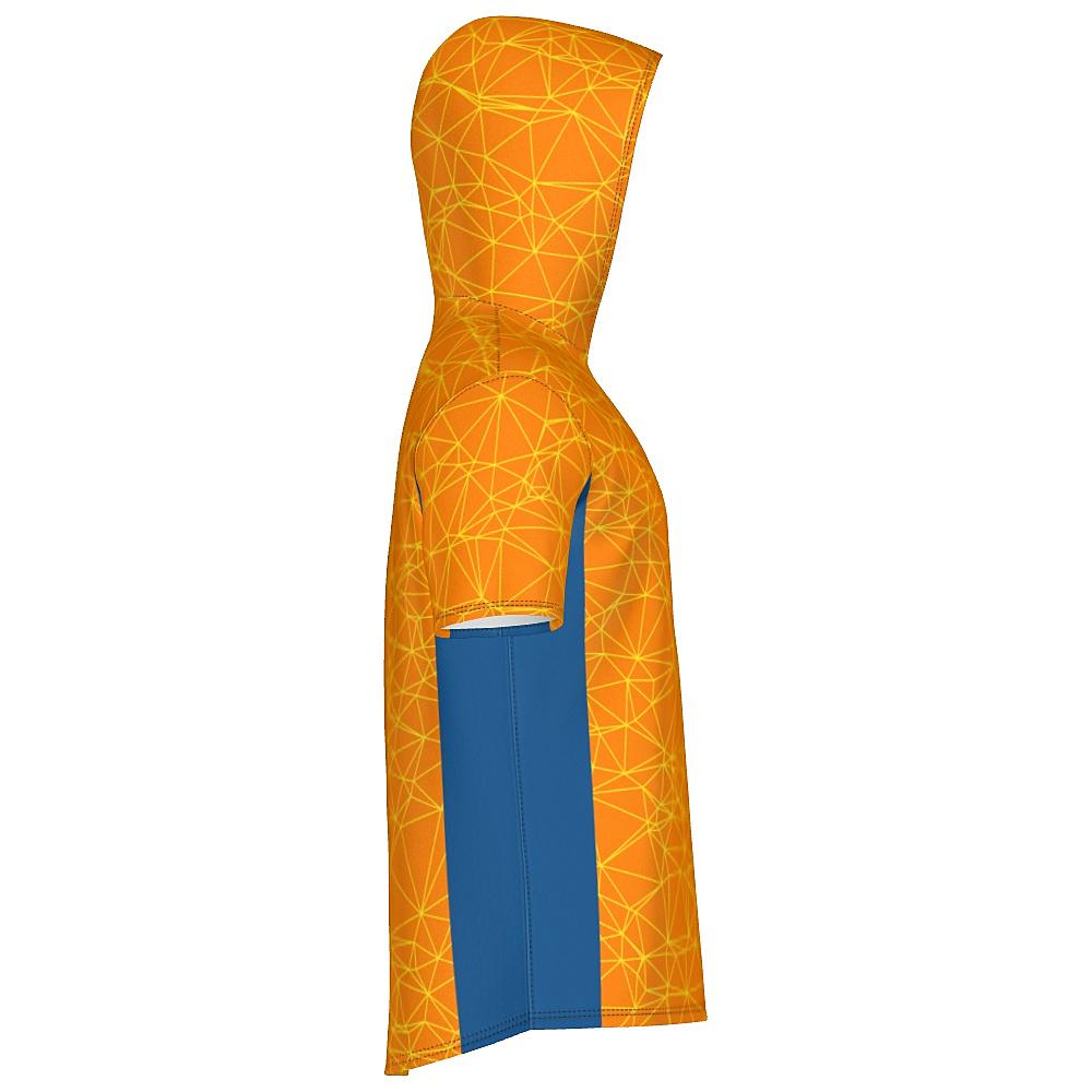 Orange short-sleeve hoodie with yellow geometric design and blue accents on a white background