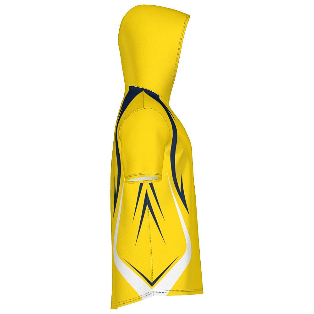 Yellow short-sleeve hoodie with navy and white accents on a white background