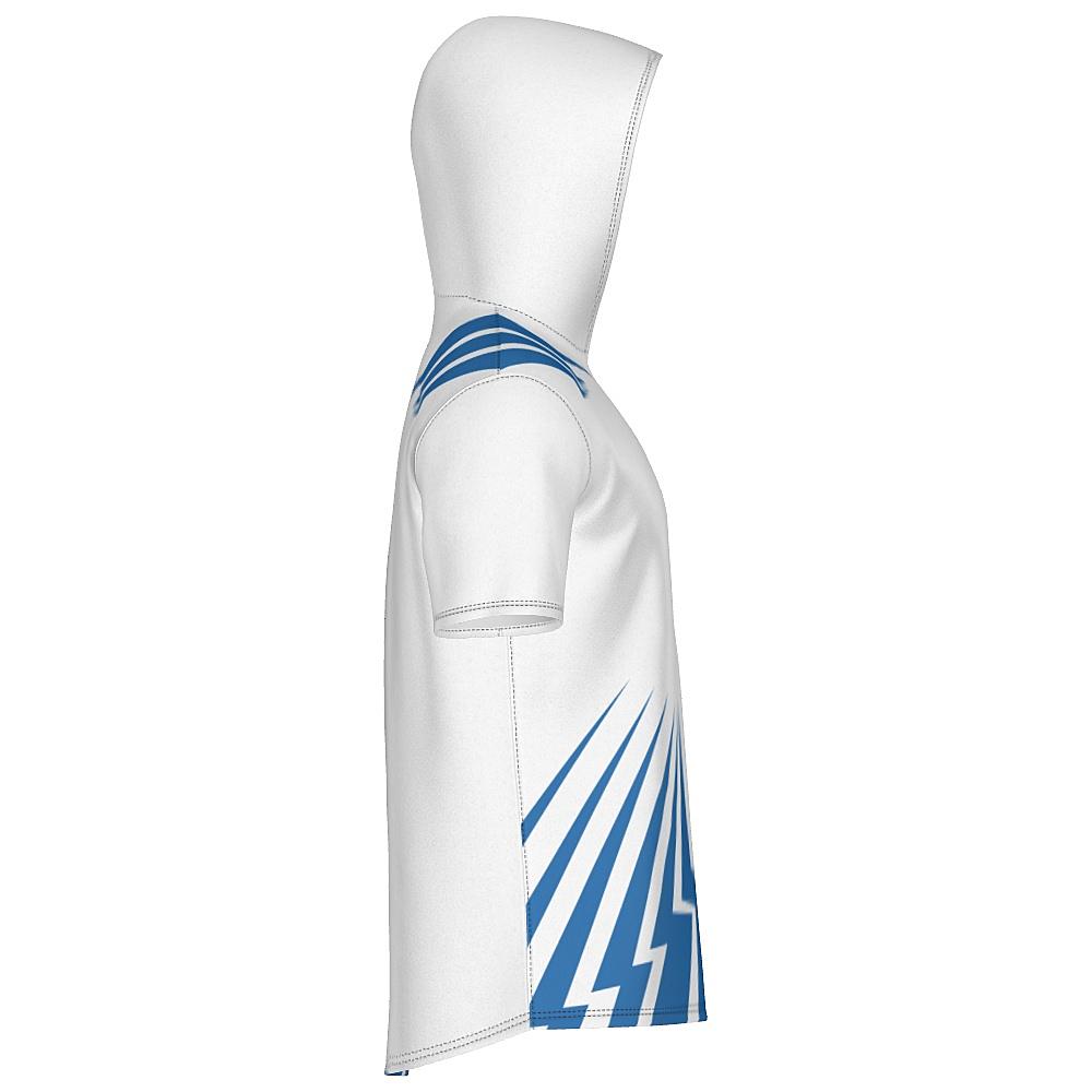 White short-sleeve hoodie with blue bolt-shaped accents on a white background