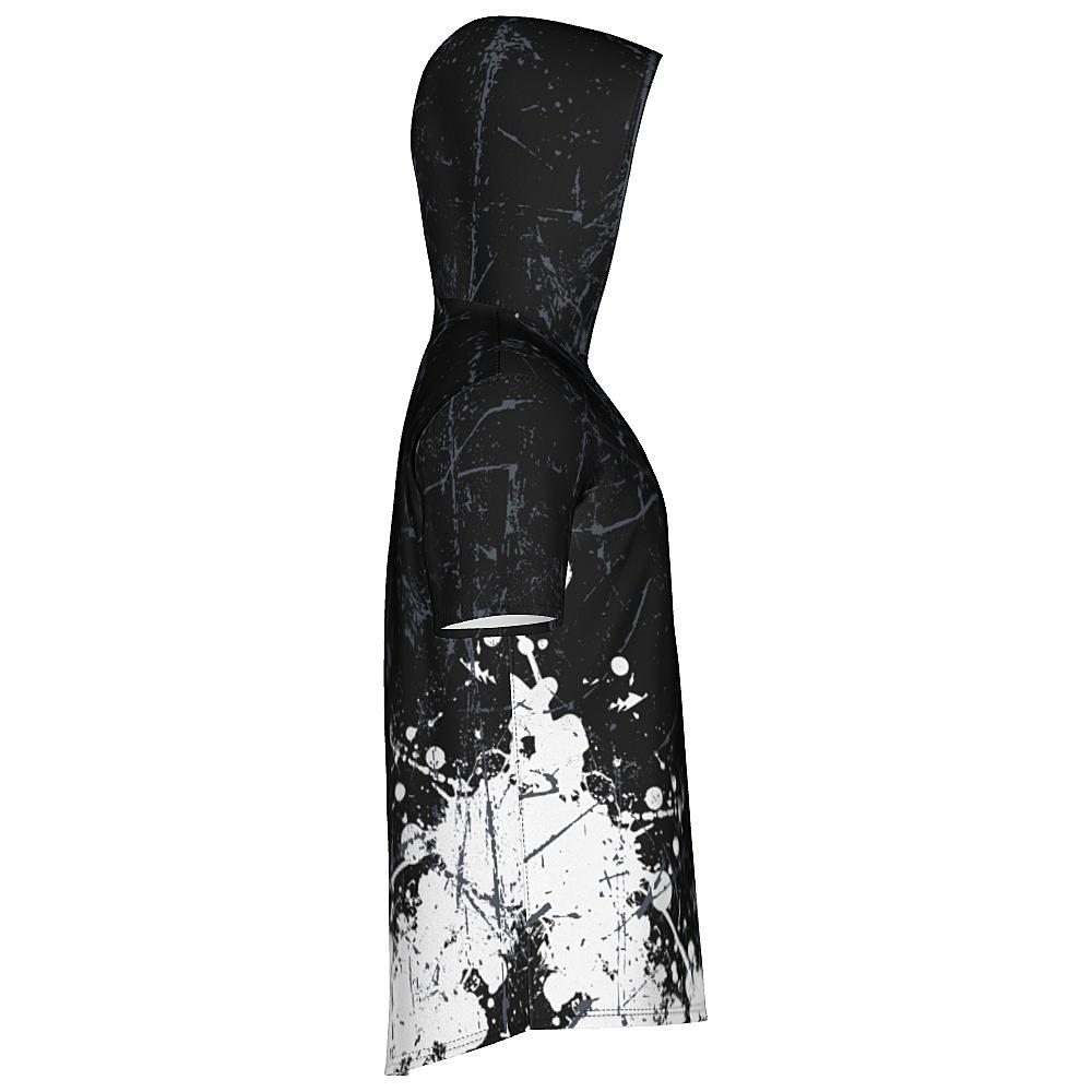 Black short-sleeve hoodie with white and grey distressed design on a white background
