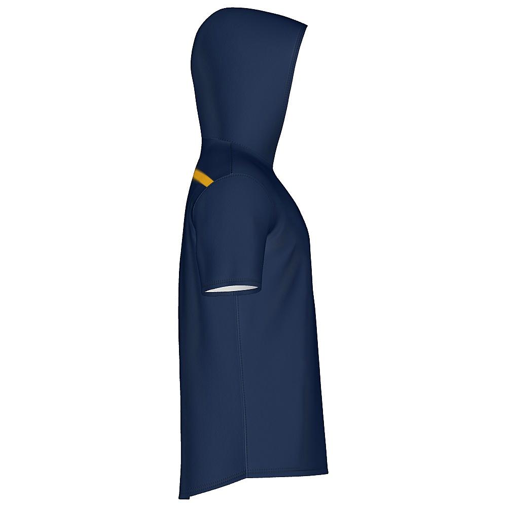 Navy short-sleeve hoodie with yellow stripes on a white background