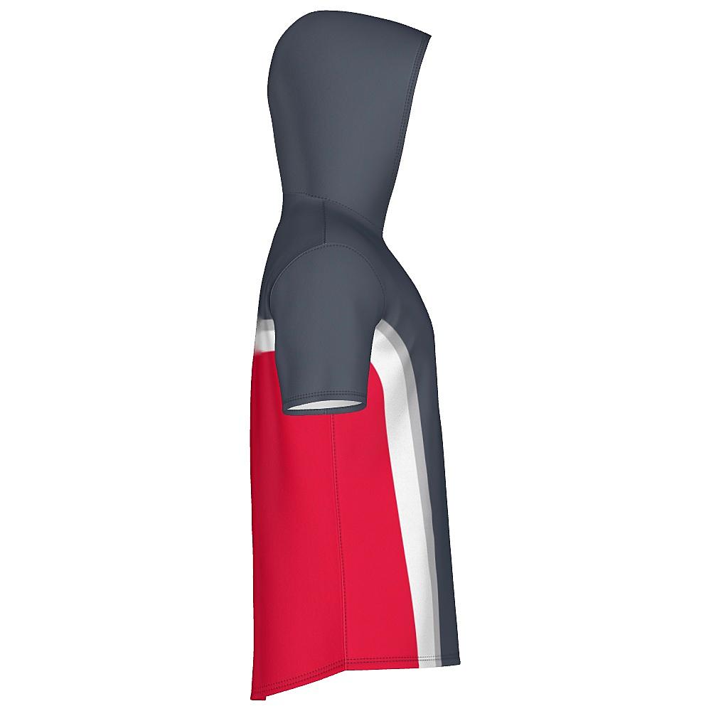 Grey short-sleeve hoodie with white and red accents on a white background