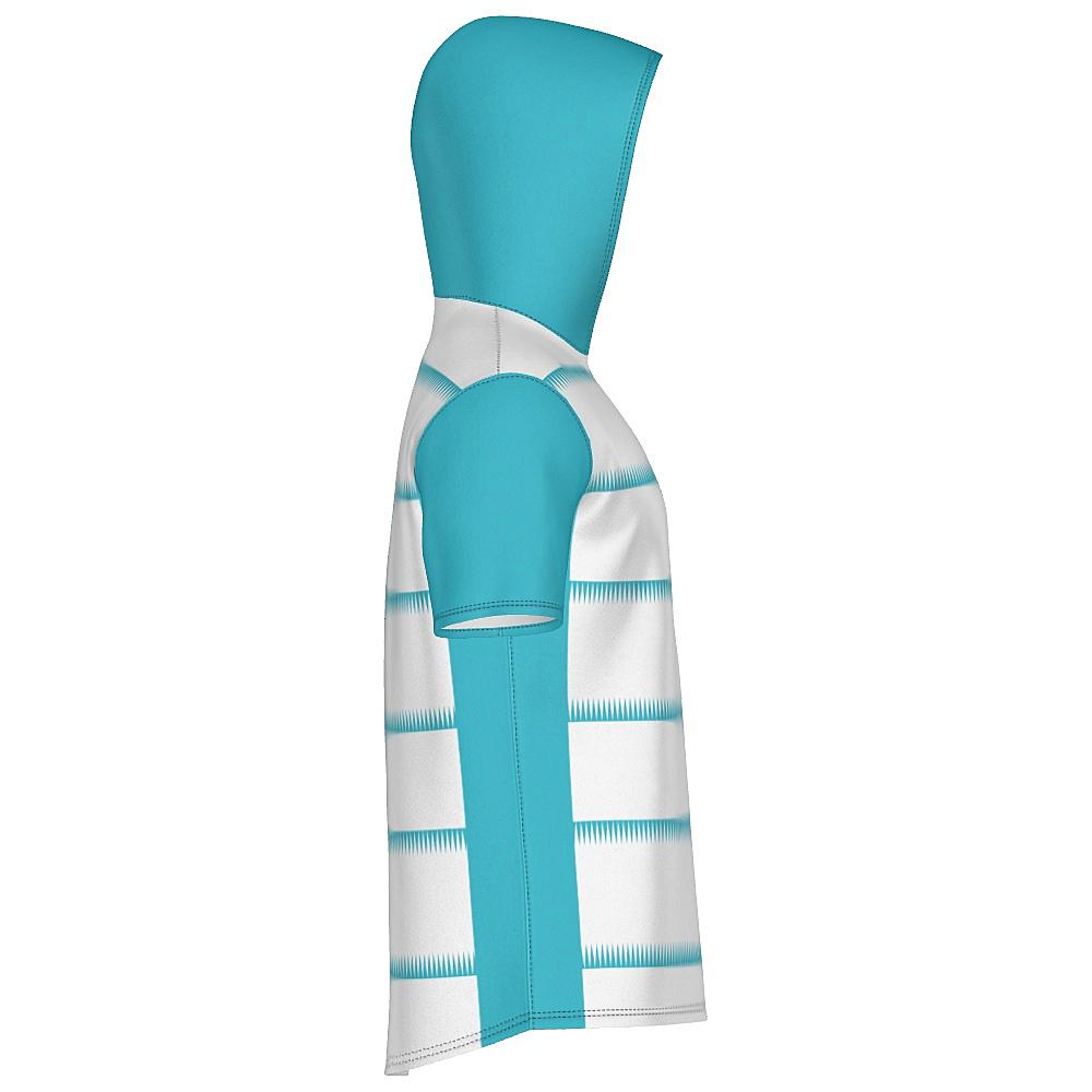 White short-sleeve hoodie with teal sleeves, hood and sawtooth stripes