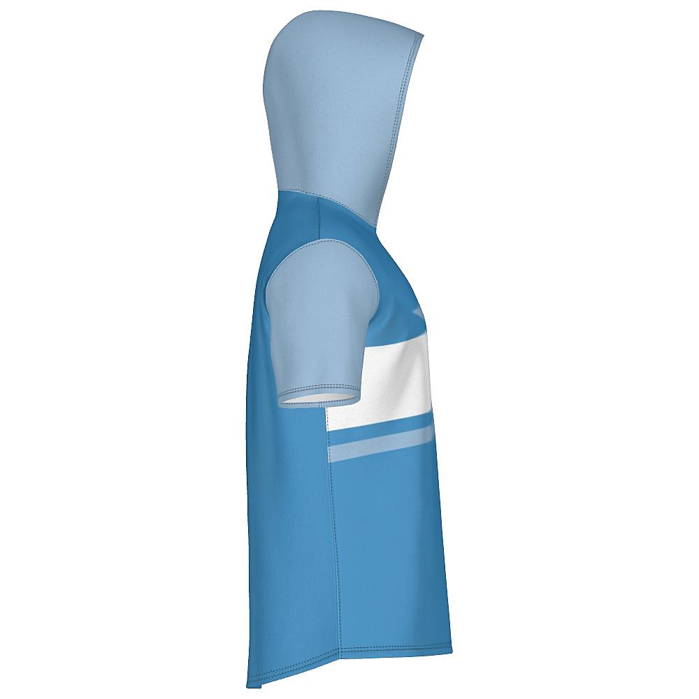 Blue short-sleeve hoodie with contrasting sleeves & hood and white horizontal stripe on a white background