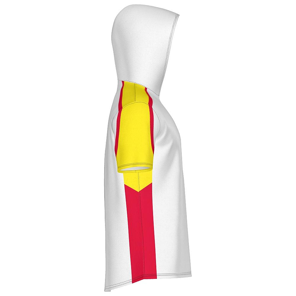 White short-sleeve hoodie with yellow and red accents on a white background