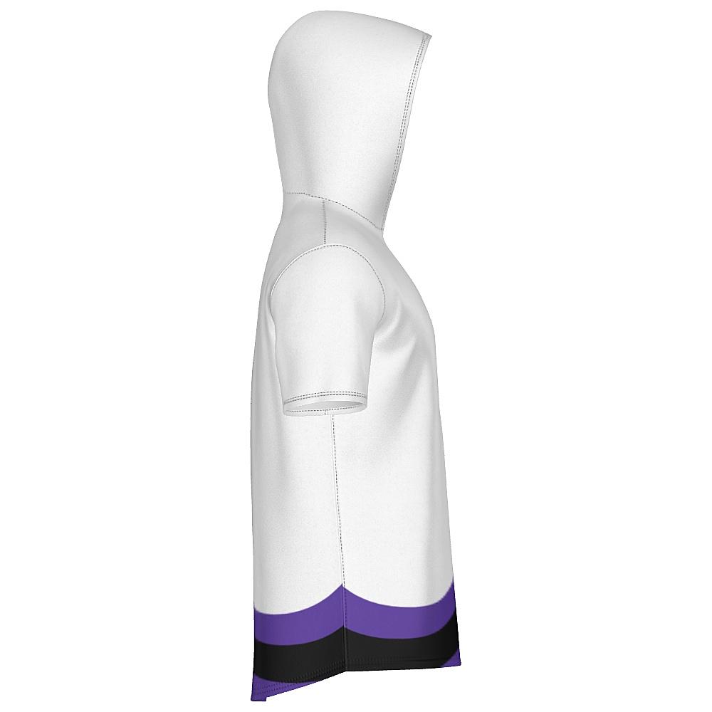 White short-sleeve hoodie with black and purple accents on a white background