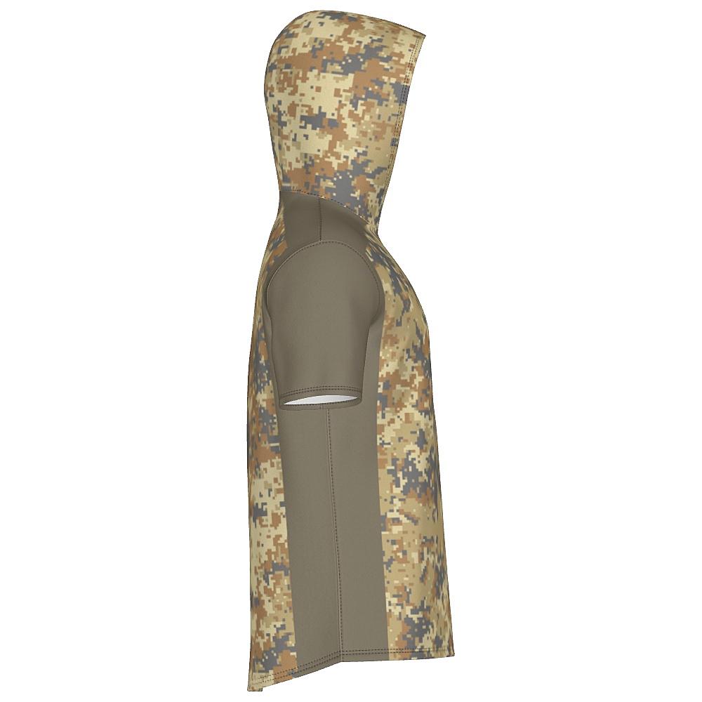 Earth-tone short-sleeve hoodie with digital camo design on a white background