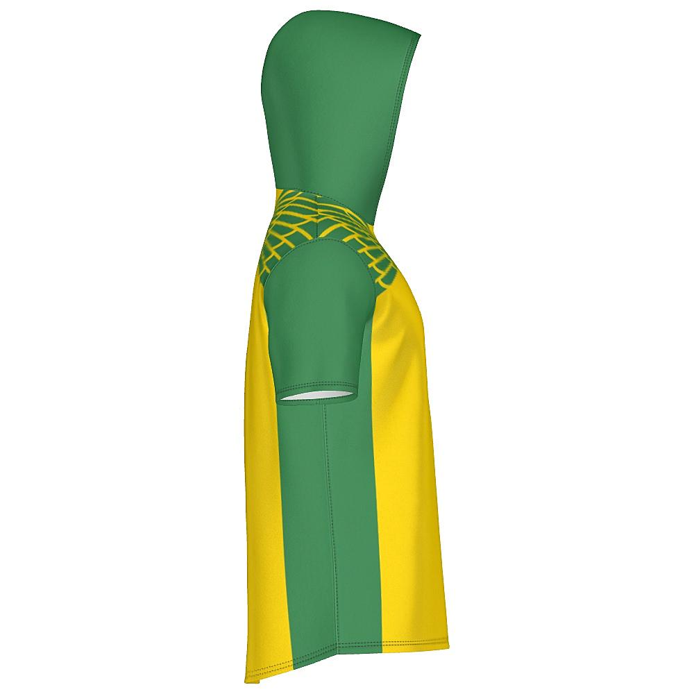 Yellow and green short-sleeve hoodie with feather design on upper chest and back