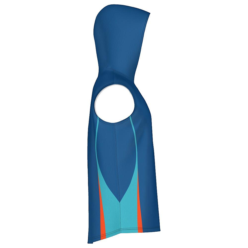 Blue sleeveless hoodie with teal and orange accents on a white background