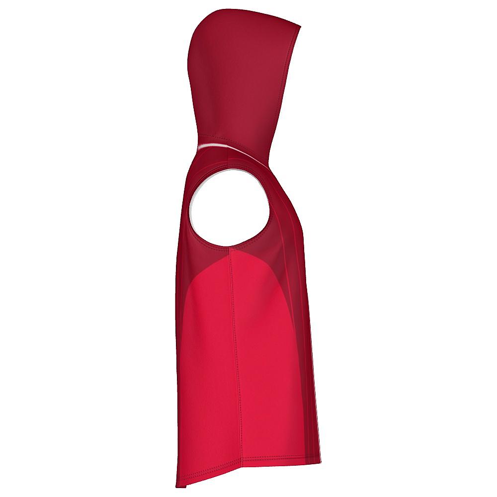 Red sleeveless hoodie with pinstripe design on a white background