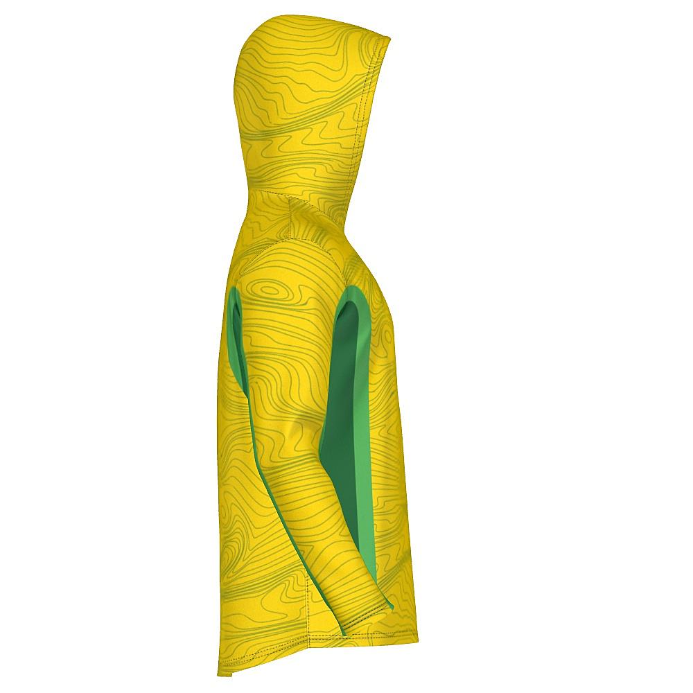 Yellow hoodie with topography design and green accents on a white background