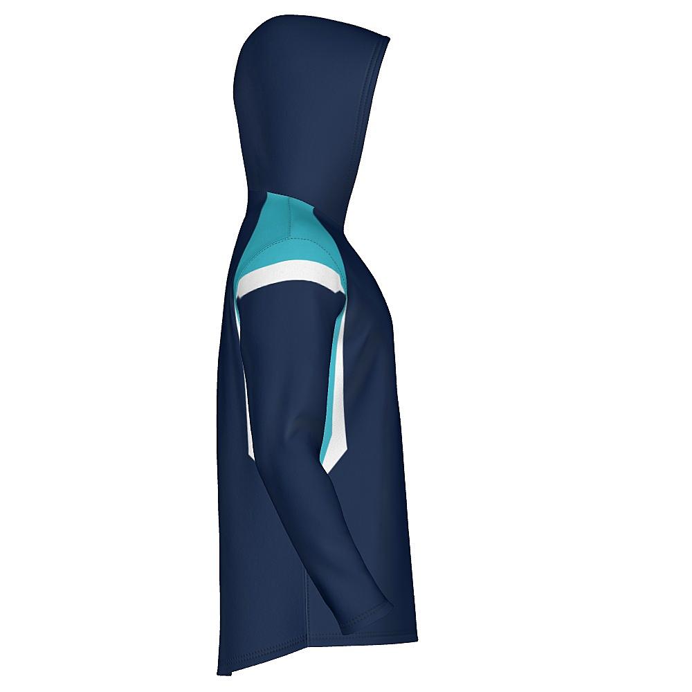 Navy hoodie with light blue and white accents on a white background