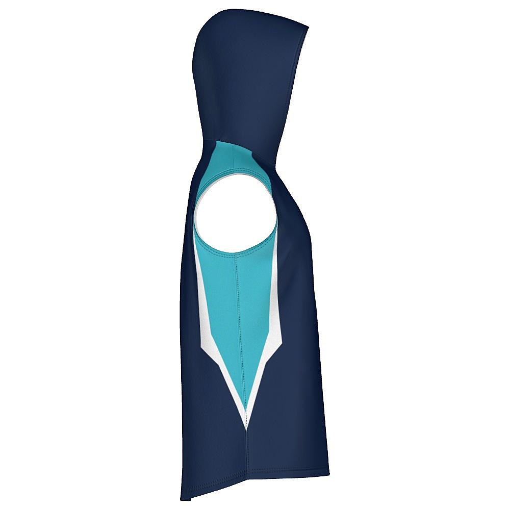 Navy sleeveless hoodie with light blue and white accents on a white background