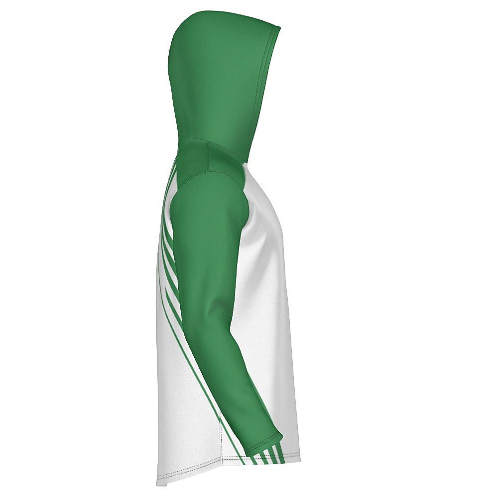 White hoodie with green accents on a white background