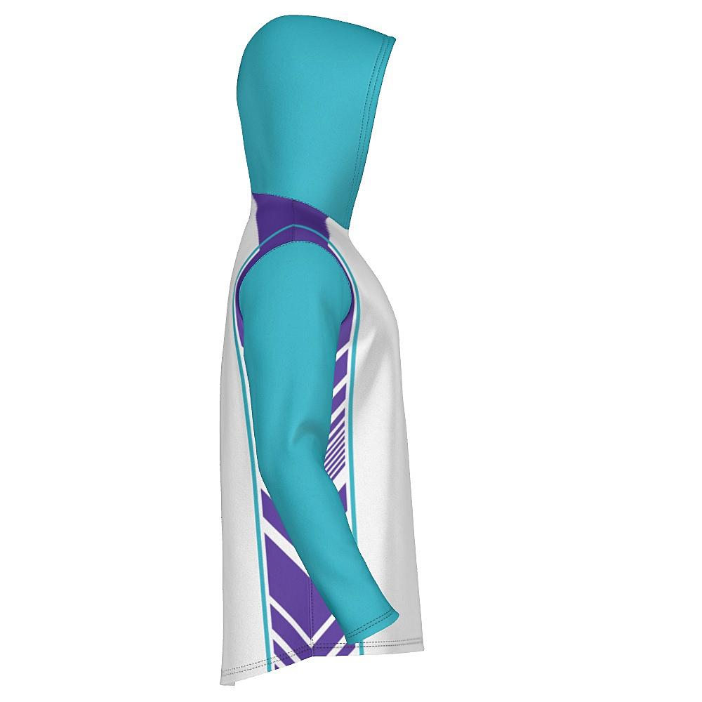 White hoodie with teal and purple accents on a white background