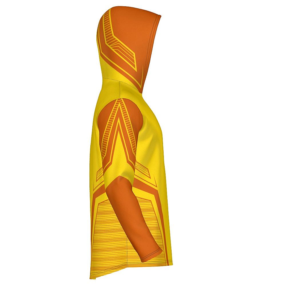Yellow hoodie with orange accents on a white background