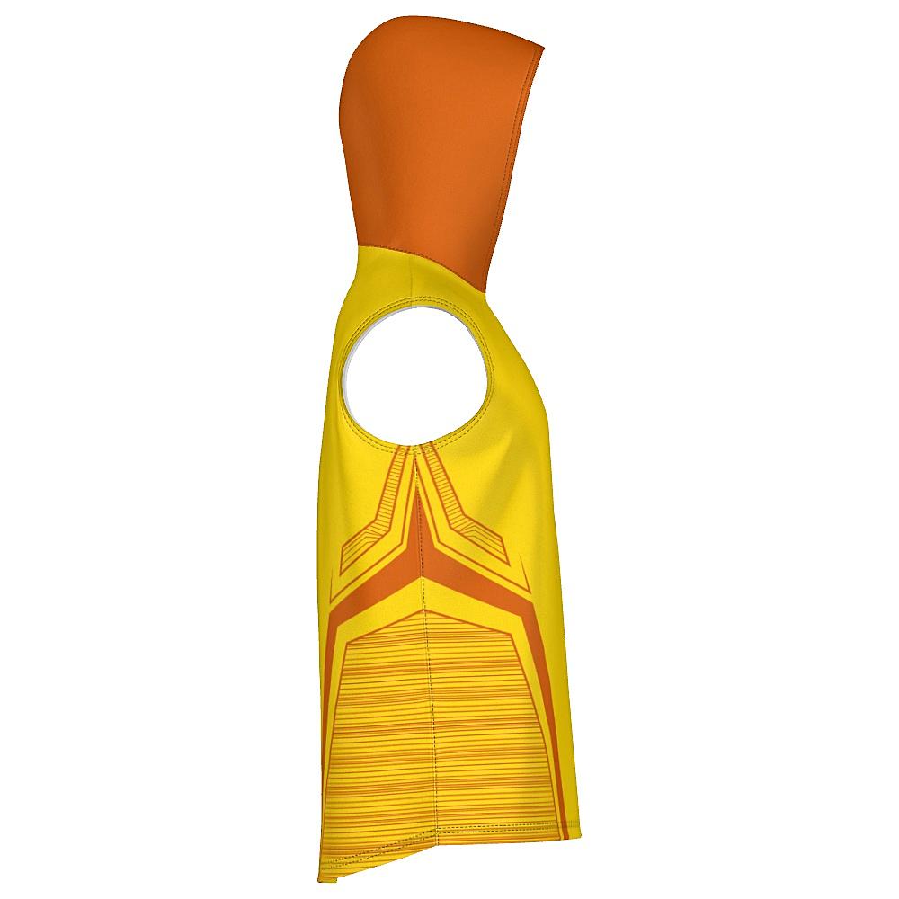 Yellow sleeveless hoodie with orange accents on a white background