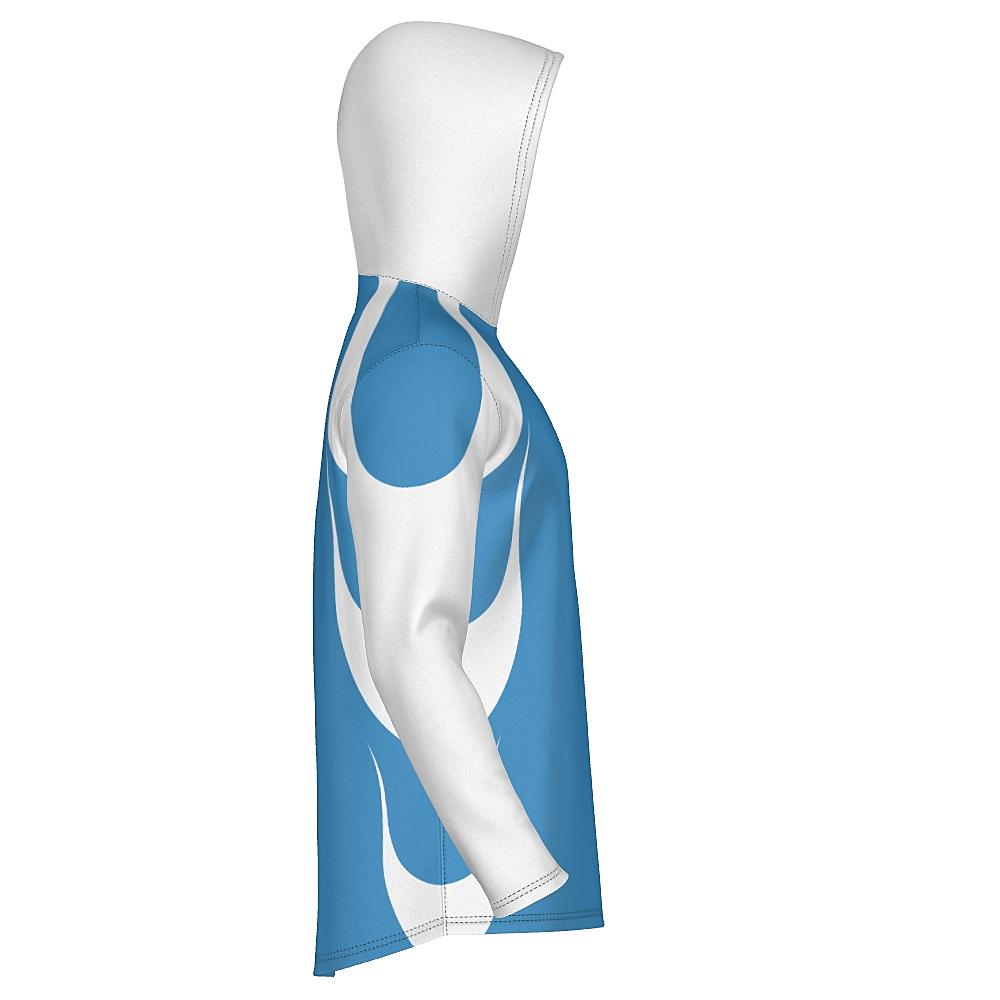 Blue hoodie with white accents on a white background