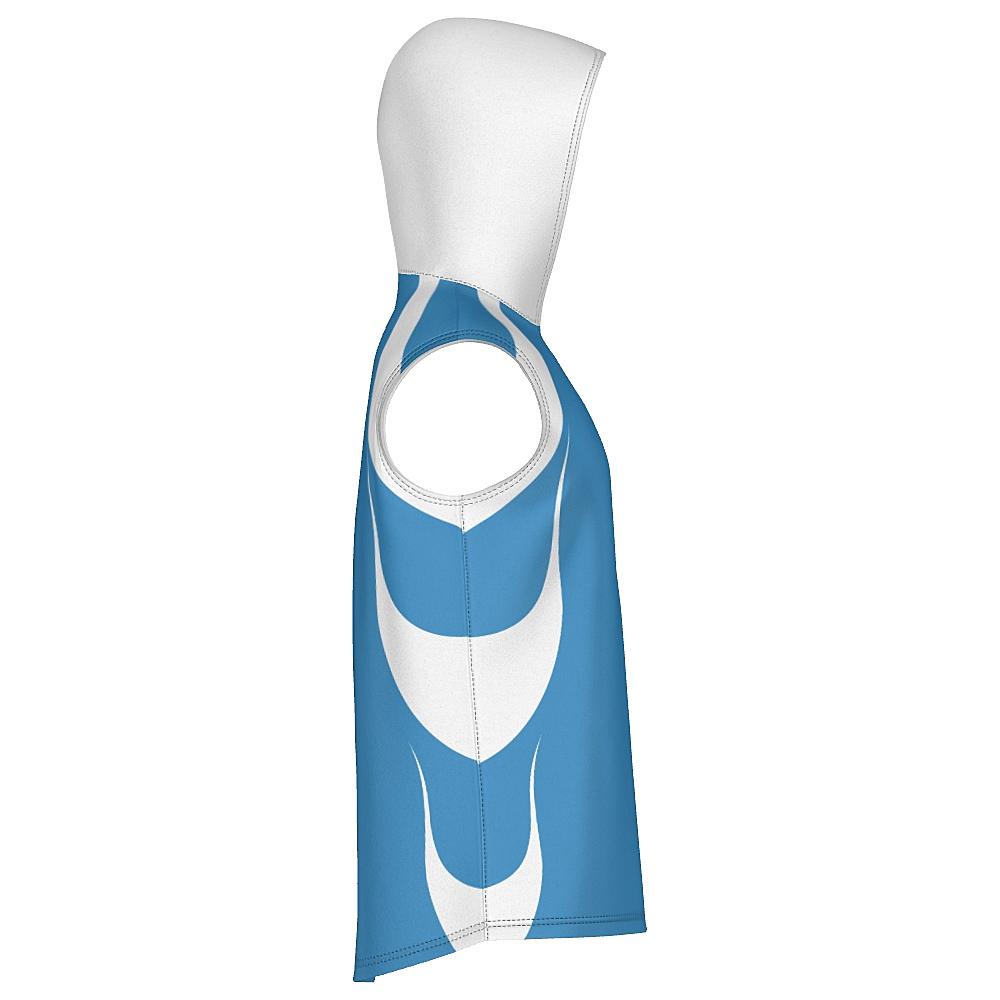 Blue sleeveless hoodie with white accents on a white background