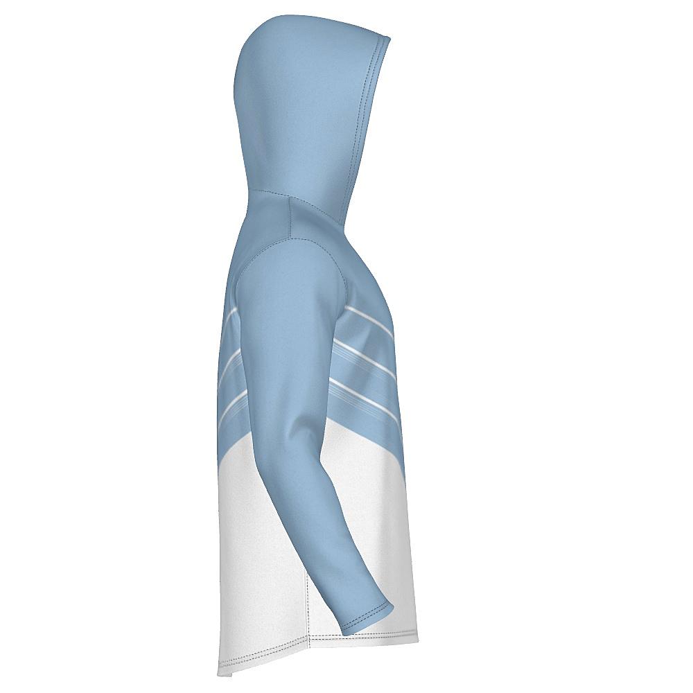 Blue and white hoodie with chevron design on a white background