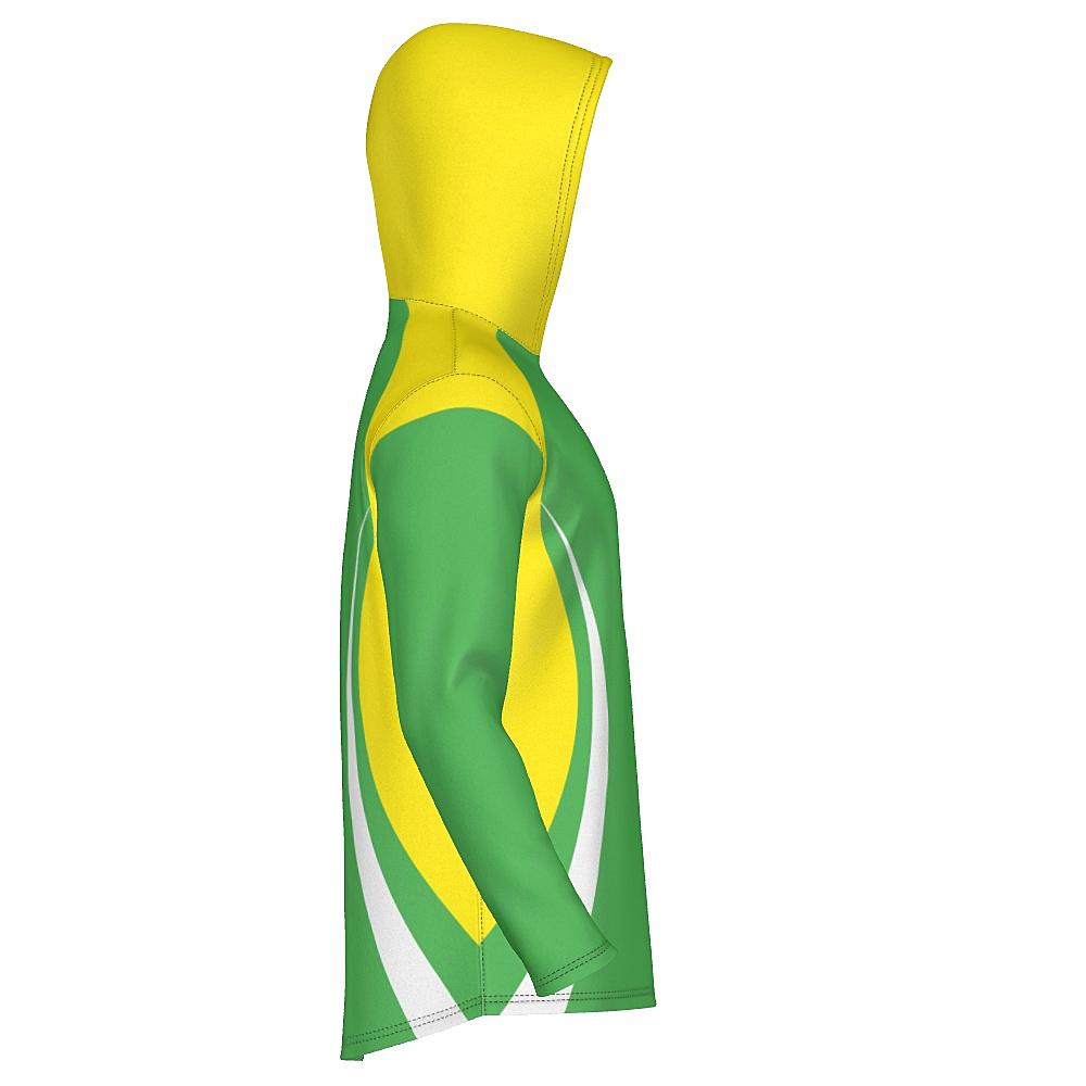 Green hoodie with yellow and white accents on a white background