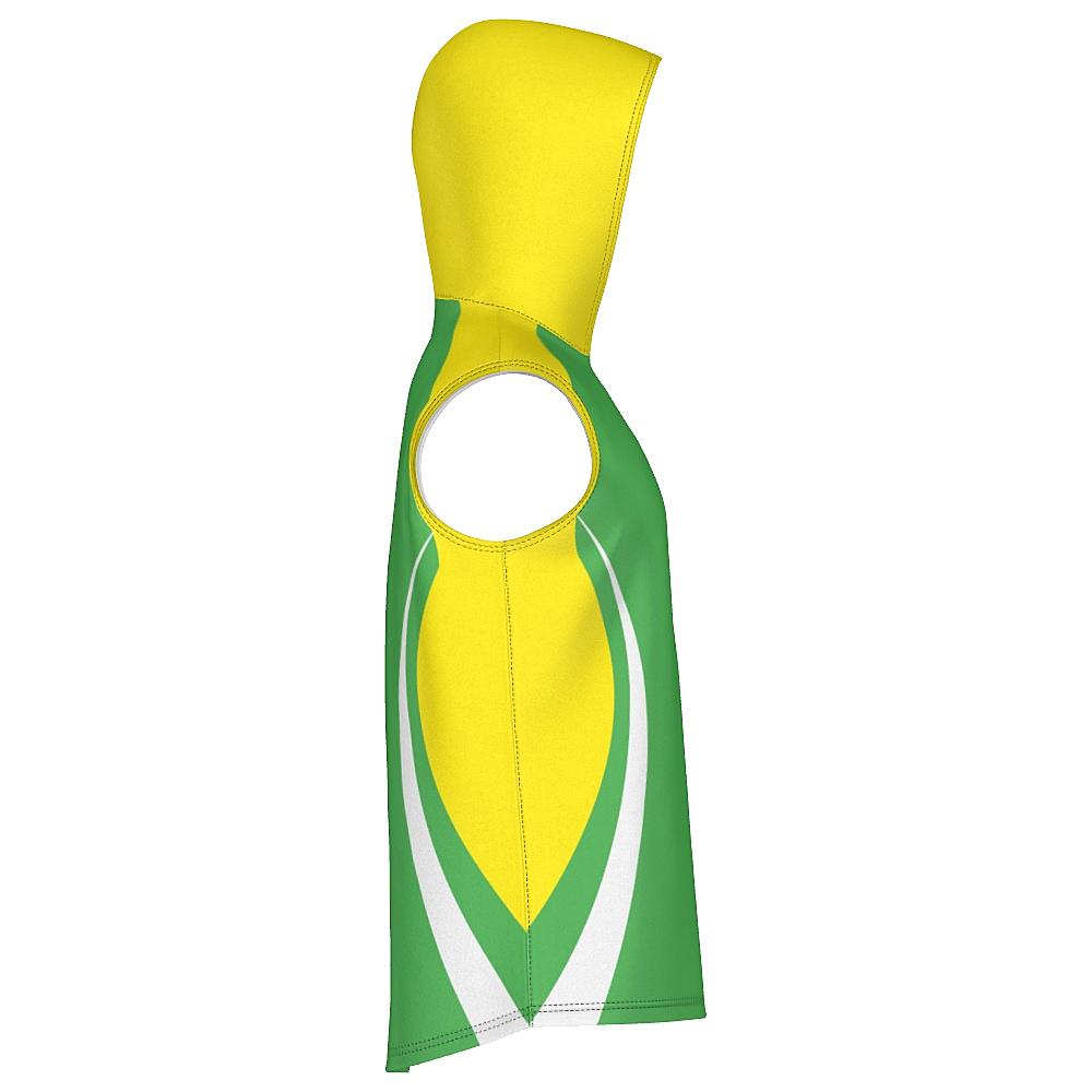 Green sleeveless hoodie with yellow and white accents on a white background