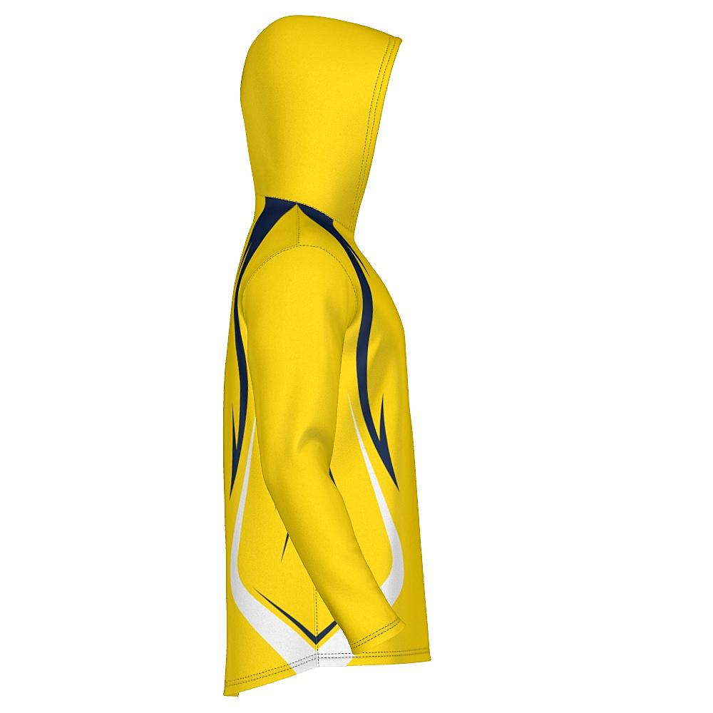 Yellow hoodie with navy and white accents on a white background