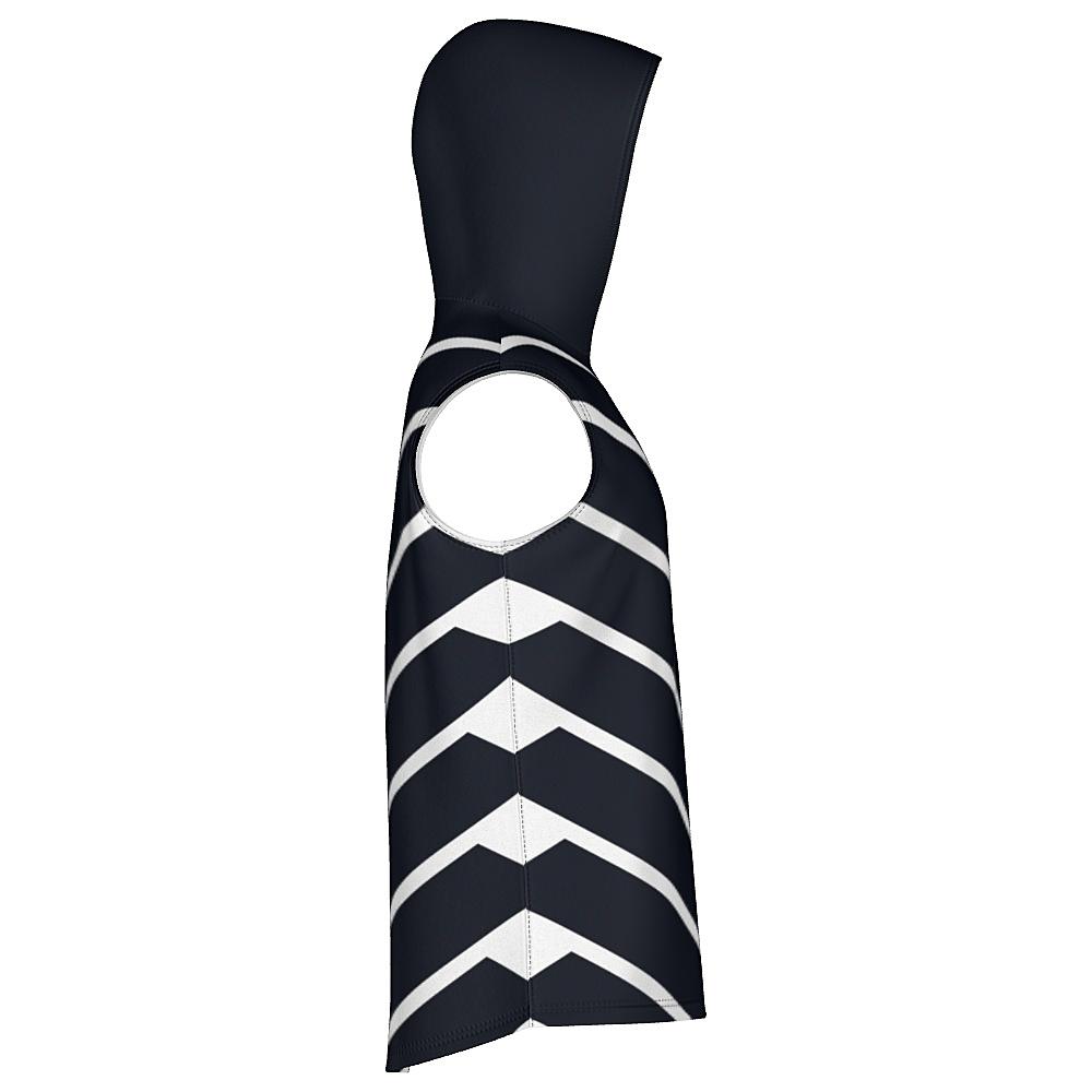 Black sleeveless hoodie with white chevrons on a white background