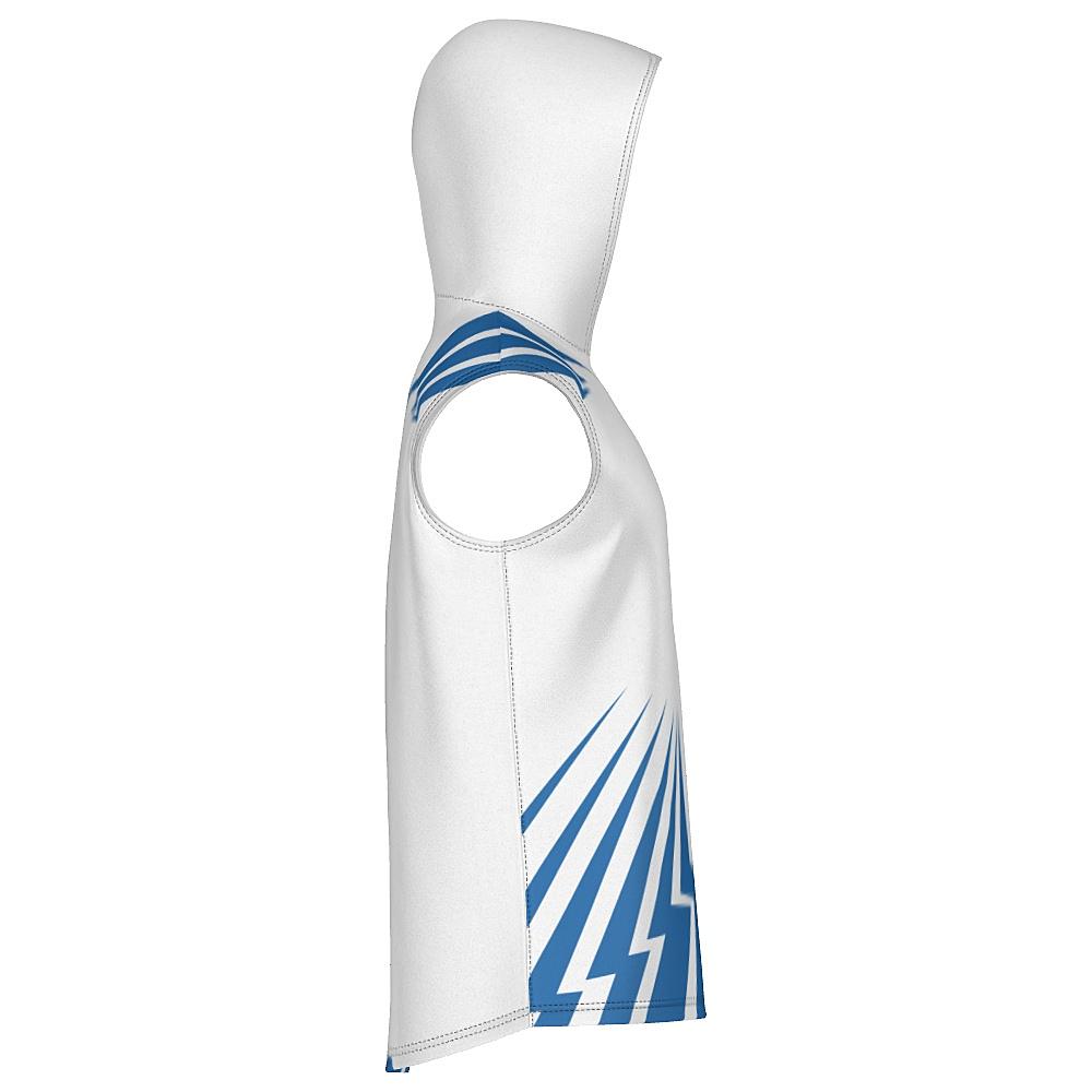 White sleeveless hoodie with blue bolt-shaped accents on a white background
