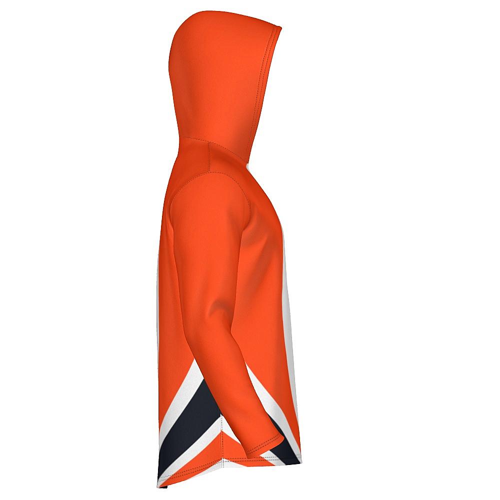 White hoodie with black and orange curved stripes on a white background