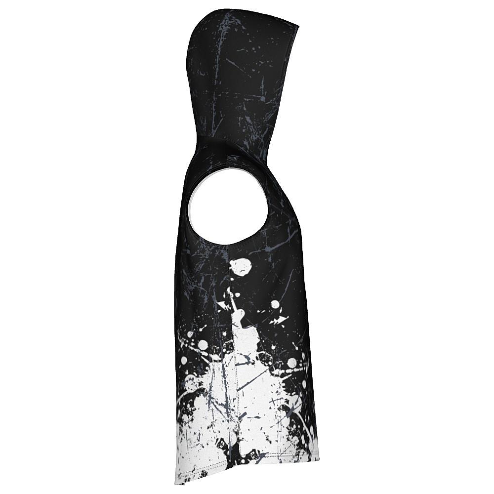 Black sleeveless hoodie with white and grey distressed design on a white background