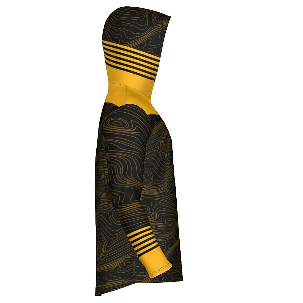 Black hoodie with yellow accents and topographic design on a white background