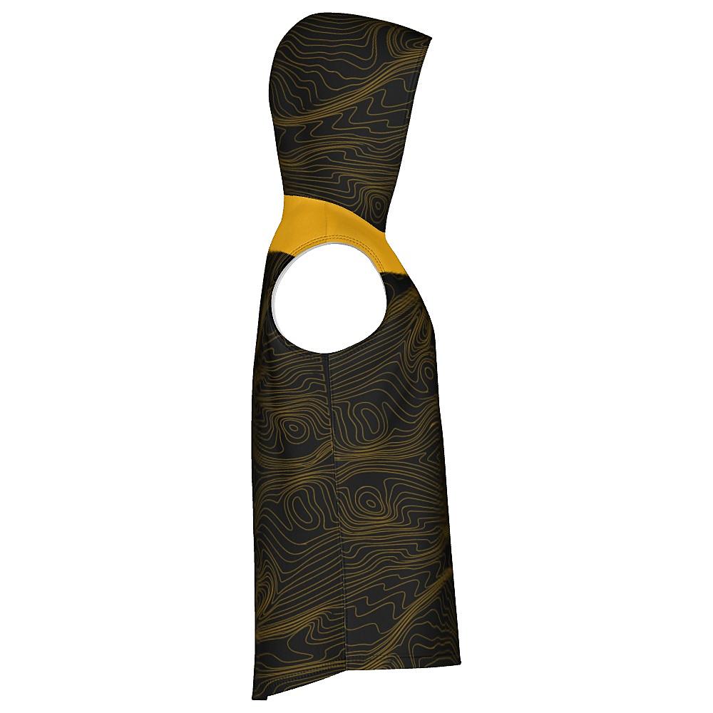 Black sleeveless hoodie with yellow accents and topographic design on a white background