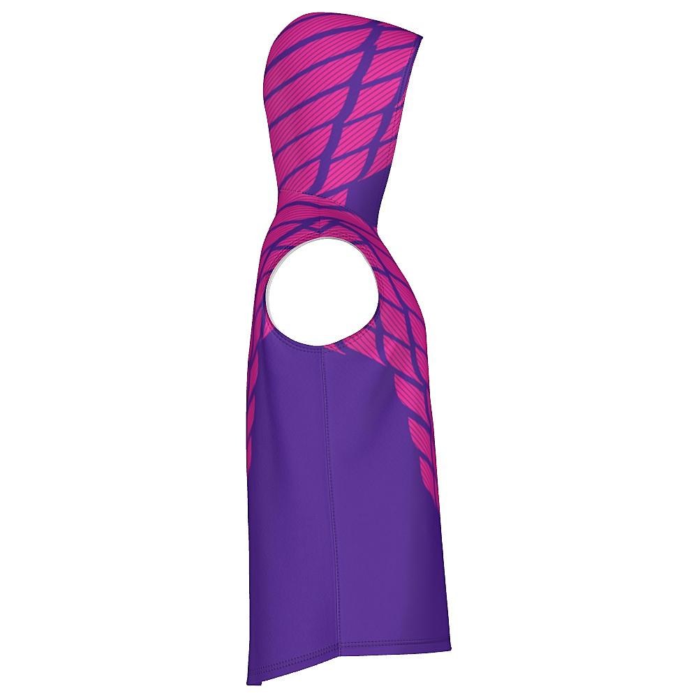 Pink and purple sleeveless hoodie with striped design on a white background