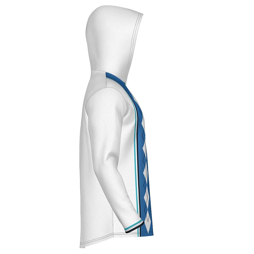 White hoodie with blue argyle design on a white background