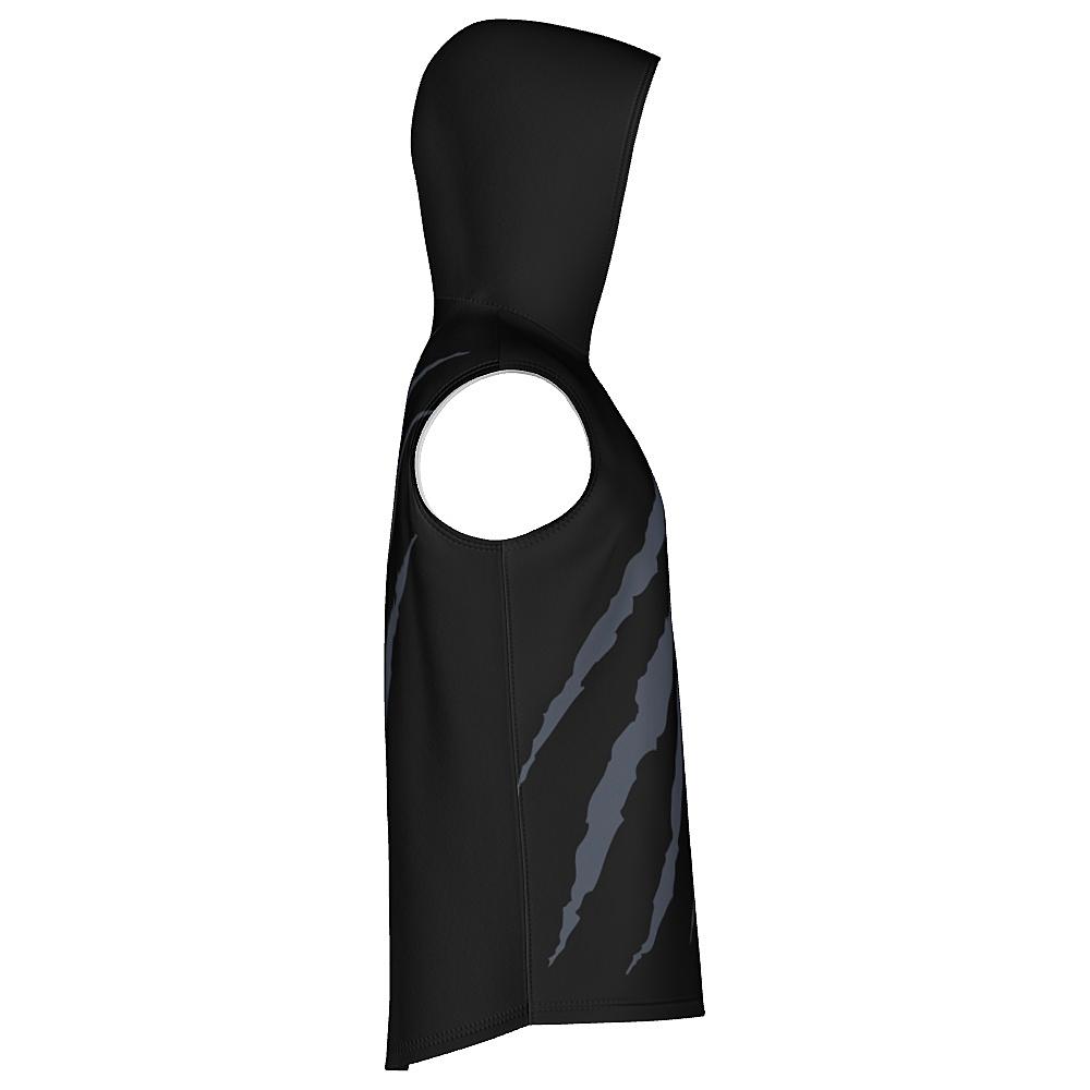 Black sleeveless hoodie with grey claw-mark design on a white background