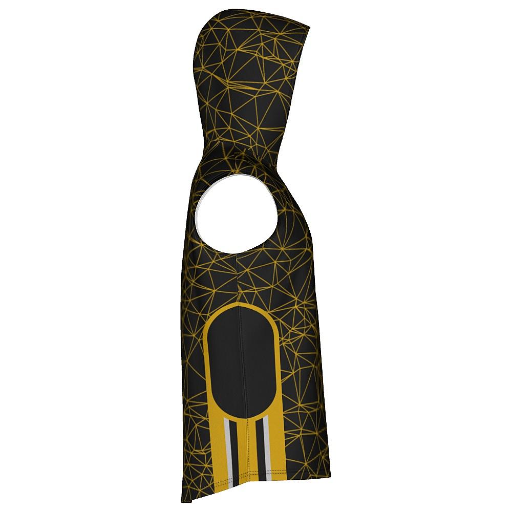 Black sleeveless hoodie with yellow geometric design on a white background