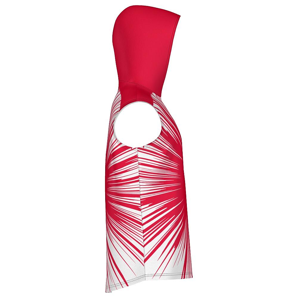 Red sleeveless hoodie with starburst design on a white background