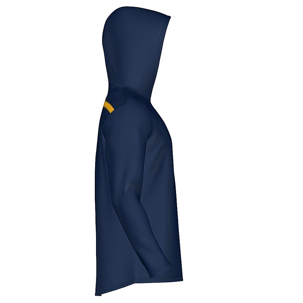 Navy hoodie with yellow stripes on a white background