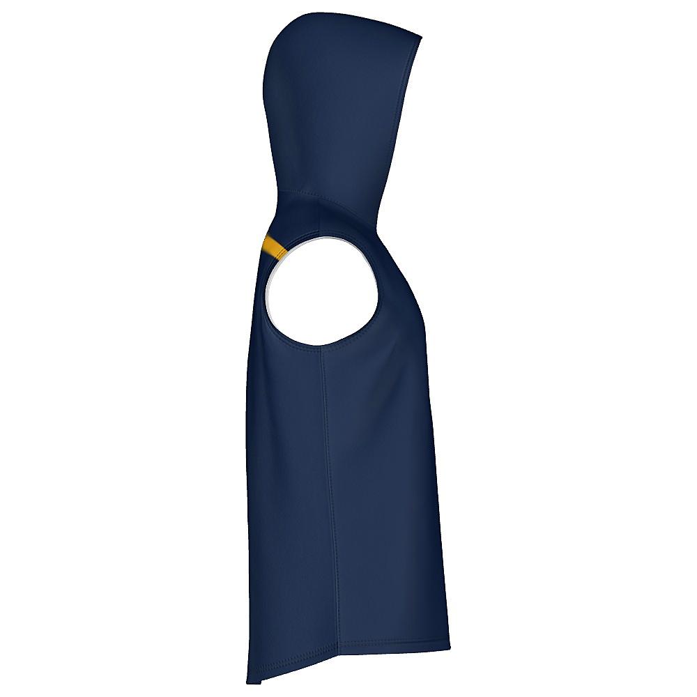 Navy sleeveless hoodie with yellow stripes on a white background