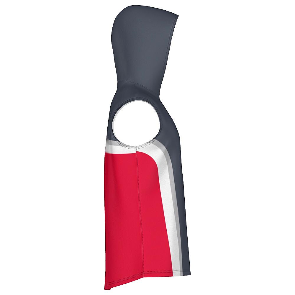 Grey sleeveless hoodie with white and red accents on a white background