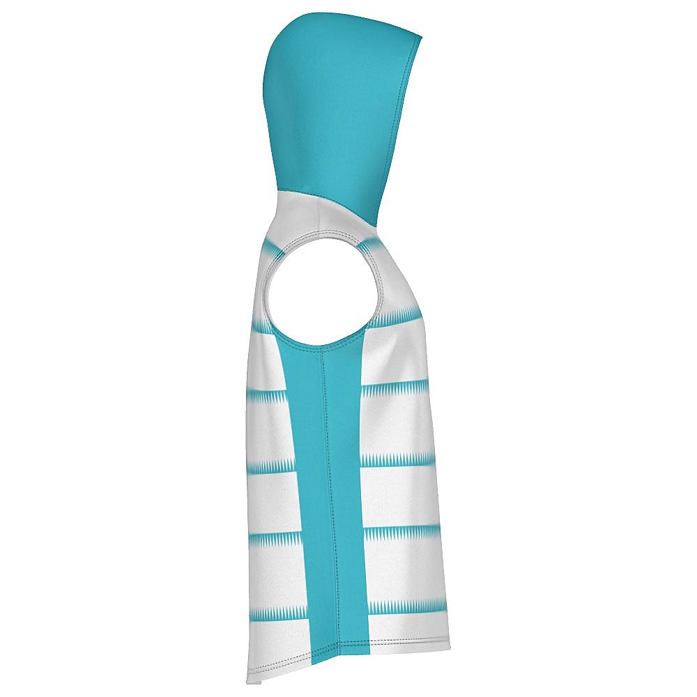 White sleeveless hoodie with teal hood and sawtooth stripes